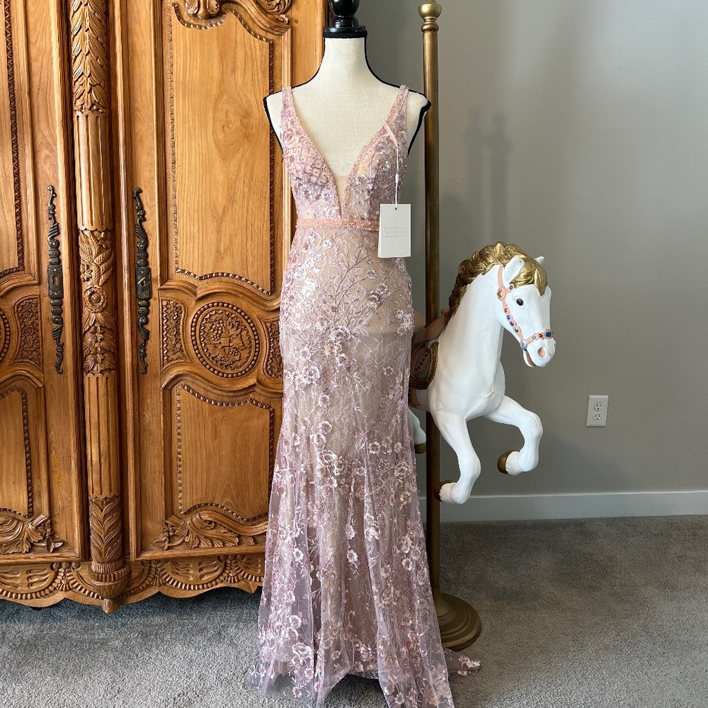 Mac Duggal [0] 67481 Rose Pink Floral Long Gown Dress Embellished Plunge Neck